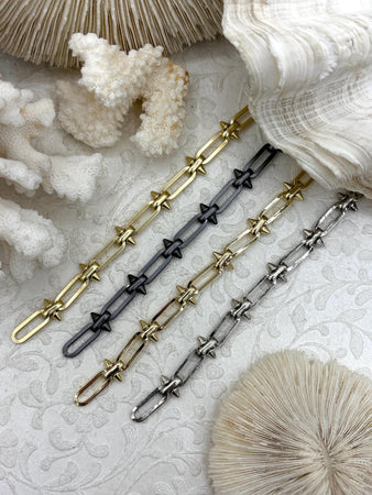 Brass Mixed Link Cable Chain Oval with Spikes, sold by the foot. Electroplated brass, 4 finishes available. Spike Jewelry Chains, Fast ship