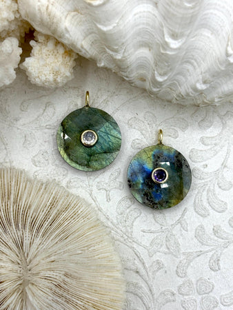 Round Natural Labradorite Gemstone Pendants with CZ. 25mm Stone Pendants with Gold Bale, Clear or Purple CZ, Gold and CZ. Fast Shipping