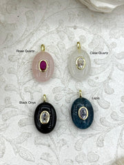 Mini Oval Stone Pendants and Charms with CZ. 4 Stone Types/Styles, Gold Bale 18.5mm x 13mm x 7mm, Natural Stones w/Colorful CZ, Fast Ship