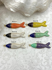 Fish Shaped Enamel and Gold Pendants, 50mm x 14mm, Enamel and Gold Plated Brass, 6 Styles, Enamel Fish Charms. Fast Ship.