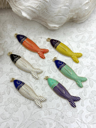 Fish Shaped Enamel and Gold Pendants, 50mm x 14mm, Enamel and Gold Plated Brass, 6 Styles, Enamel Fish Charms. Fast Ship.