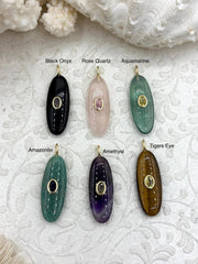 Oval Oblong Gemstone Drop Pendants and Charms with CZ. 6 Stone Types/Styles,Gold Bale 35mm x 13mm x 7mm, Natural Stones w/CZ, Fast Shipping