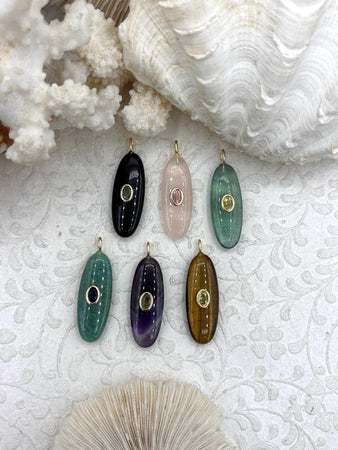 Oval Oblong Gemstone Drop Pendants and Charms with CZ. 6 Stone Types/Styles,Gold Bale 35mm x 13mm x 7mm, Natural Stones w/CZ, Fast Shipping