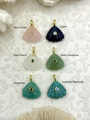 Shell Shaped Gemstone Pendants and Charms with CZ. 6 Stone Types/Styles, Gold Bale, 25mm x 22mm x 7.5mm, Natural Stones w/CZ, Fast Shipping