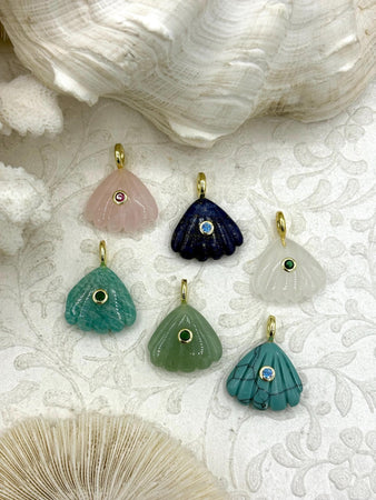 Shell Shaped Gemstone Pendants and Charms with CZ. 6 Stone Types/Styles, Gold Bale, 25mm x 22mm x 7.5mm, Natural Stones w/CZ, Fast Shipping