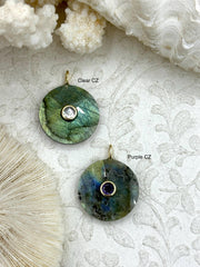 Round Natural Labradorite Gemstone Pendants with CZ. 25mm Stone Pendants with Gold Bale, Clear or Purple CZ, Gold and CZ. Fast Shipping