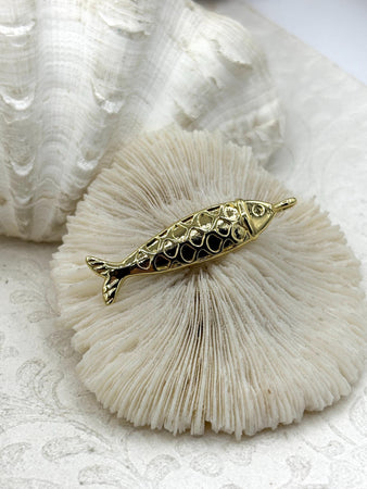 Fish Shaped Gold Plated Brass Pendants with Bale, 47mm x 11mm, Gold Plated Brass, Gold Fish Charms, High Quality, Fast Ship.