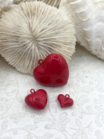 Rose Pink Heart Charm/Pendants, Heart Pendants, 3 sizes, Enamel Plated Brass, Small, Medium, or Extra Large Colorful Hearts, Fast Ship