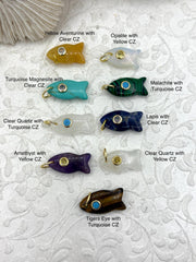 Small Fish Natural Stone Pendants with CZ. 9 Stone Types/Styles, Gold Jump Ring, Fast Ship