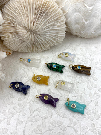 Small Fish Natural Stone Pendants with CZ. 9 Stone Types/Styles, Gold Jump Ring, Fast Ship