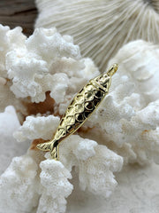 Fish Shaped Gold Plated Brass Pendants with Bale, 47mm x 11mm, Gold Plated Brass, Gold Fish Charms, High Quality, Fast Ship.