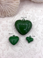 Green Heart Charm/Pendants, Heart Pendants, 3 sizes, Enamel Plated Brass Charms, Small, Medium, or Extra Large, Colorful Hearts, Fast Ship