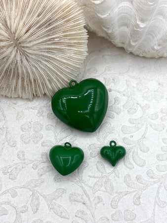 Green Heart Charm/Pendants, Heart Pendants, 3 sizes, Enamel Plated Brass Charms, Small, Medium, or Extra Large, Colorful Hearts, Fast Ship