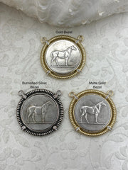 Horse Coin Pendant, Brass Zinc Alloy, Equestrian Art Deco Style (3 Bezel Colors)