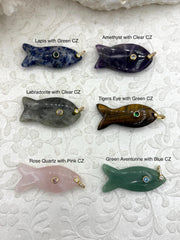 Large Fish Natural Stone Pendants with CZ Accents, 6 Styles Available