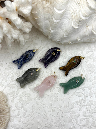 Large Fish Natural Stone Pendants with CZ Accents, 6 Styles Available