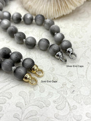 Hand Knotted Silver Grey Luster Acrylic Beads, 10mm Beads, Gold, Silver, Matte Gold End Caps, Light Weight, 17 Inch
