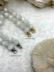 Hand Knotted Glacier Mist White Luster Acrylic Beads, 10mm Beads, Gold, Silver, Matte Gold End Caps, Light Weight, 17 Inch