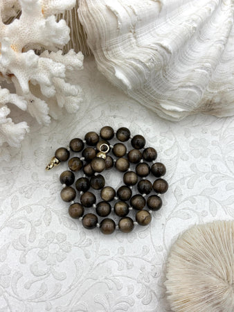Hand Knotted Mocha Halo Luster Acrylic Beads, 10mm Beads, Gold or Matte Gold End Caps, Light Weight, 17 Inch
