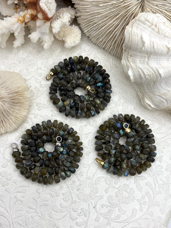 Hand Knotted Faceted Roundels Labradorite Necklace, 8mm x 5mm Beads, 17" Long, Gold, Silver, or Matte Gold End Caps