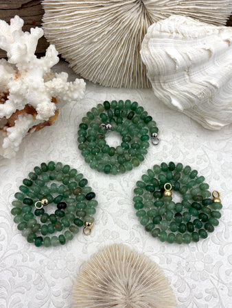 Hand Knotted Green Peruvian Opal Necklace, 8mm x 5mm Rondelle Stones, 17" Long, Gold, Silver, or Matte Gold End Caps