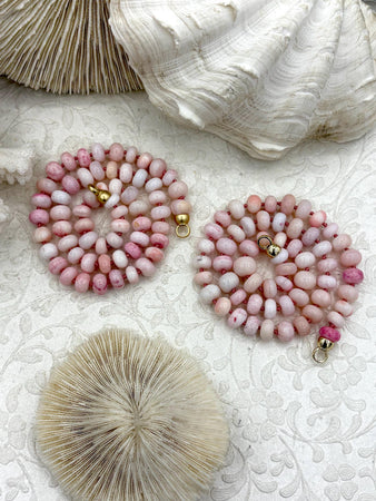 Hand Knotted Light Pink Peruvian Opal Necklace, 9mm x 5mm Rondelle Beads, Gold or Matte Gold End Caps, 17"