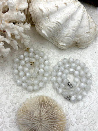 Hand Knotted Glacier Mist White Luster Acrylic Beads, 10mm Beads, Gold, Silver, Matte Gold End Caps, Light Weight, 17 Inch