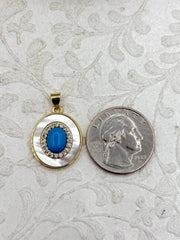 Oval Mother of Pearl Pendants, 20mm x 18mm, Cubic Zirconia, Gold Plated Brass and Turquoise Enamel, Fast Ship