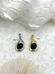 Oval Pendant with Black Enamel Accent,  Silver or Gold Plated Brass, 20mm x 12.5mm, Oval Charm