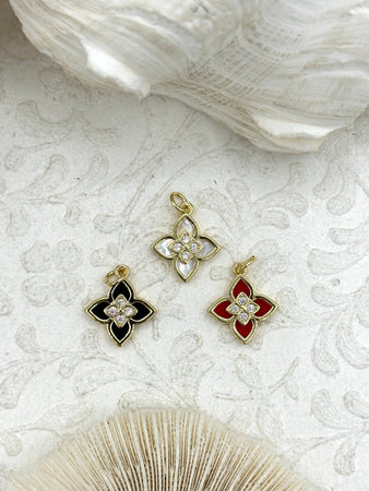 Flower Pendant Charm, Cubic Zirconia, 15mm x 11mm, 3 Styles, Mother of Pearl, Black Enamel, or Red Enamel