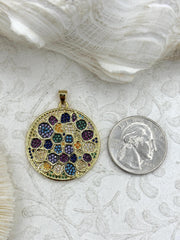 Micro Pave CZ Charm, 30mm Round, Gold Plated, Colorful Cubic Zirconia, Fast Ship