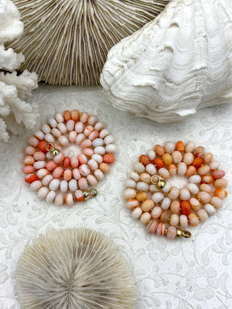 Hand Knotted Coral Colored Peruvian Opal Necklace, 9mm x 5mm Rondelle Beads, Gold or Matte Gold End Caps, 16.5" Long, Fast Ship