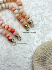 Hand Knotted Coral Colored Peruvian Opal Necklace, 9mm x 5mm Rondelle Beads, Gold or Matte Gold End Caps, 16.5