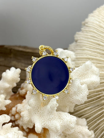 Dark BLUE Enamel and CZ Charm, 33mm Brass Spike Pendant, Gold Plated, Fast Ship