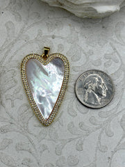 Mother of Pearl Heart CZ Charms, 45mm Gold Plated Brass Heart Charms, Fast Ship