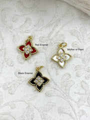 Flower Pendant Charm, Cubic Zirconia, 15mm x 11mm, 3 Styles, Mother of Pearl, Black Enamel, or Red Enamel