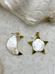 Star and Moon Charms, Gold Plated Brass , Mother of Pearl, Fast Ship