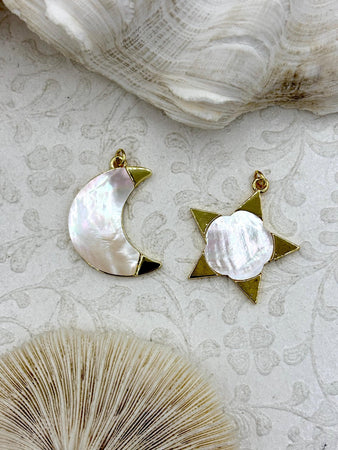 Star and Moon Charms, Gold Plated Brass , Mother of Pearl, Fast Ship