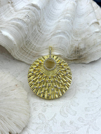 Gold Plated 35mm CZ Charm Pendant, Round Charm, Gold Plated Brass, Fast Ship