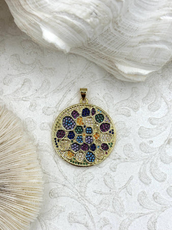 Micro Pave CZ Charm, 30mm Round, Gold Plated, Colorful Cubic Zirconia, Fast Ship