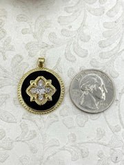 Round Black Enamel Pendant, Cubic Zirconia, 25mm Round Pendant, Fast Ship