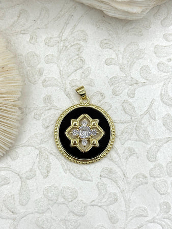 Round Black Enamel Pendant, Cubic Zirconia, 25mm Round Pendant, Fast Ship