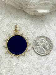 Dark BLUE Enamel and CZ Charm, 33mm Brass Spike Pendant, Gold Plated, Fast Ship