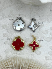 Mother of Pearl and Red Enamel Charms, 4 Styles, Round or Flower, Gold or Silver Plated Pendant, Jewelry Connector