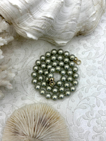 Hand Knotted Glass Dark Cream Colored Pearl Necklace, 8mm Round Pearls, Gold or Matte Gold End Caps, 16.5 Inch