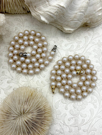 Hand Knotted Glass Iridescent White Colored Pearl Necklace, 8mm Round Pearls, Gold or Silver End Caps, 16.5 Inch