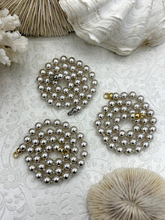 Hand Knotted Glass Pearl Necklace, 8mm Round Pearls, Gold, Silver, or Matte Gold End Caps, 16.5 Inch