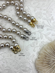 Hand Knotted Glass Pearl Necklace, 8mm Round Pearls, Gold, Silver, or Matte Gold End Caps, 16.5 Inch