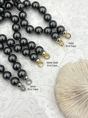 Hand Knotted Dark Grey Glass Pearl Necklace, 10mm Beads, Gold, Matte Gold, or Silver End Caps, 16.5