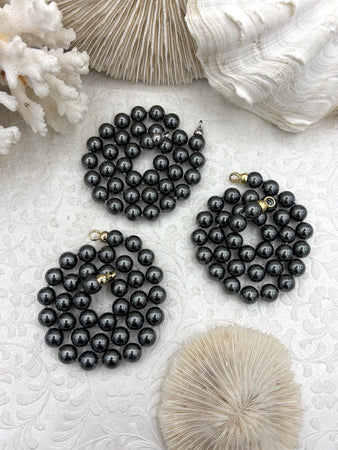 Hand Knotted Dark Grey Glass Pearl Necklace, 10mm Beads, Gold, Matte Gold, or Silver End Caps, 16.5"